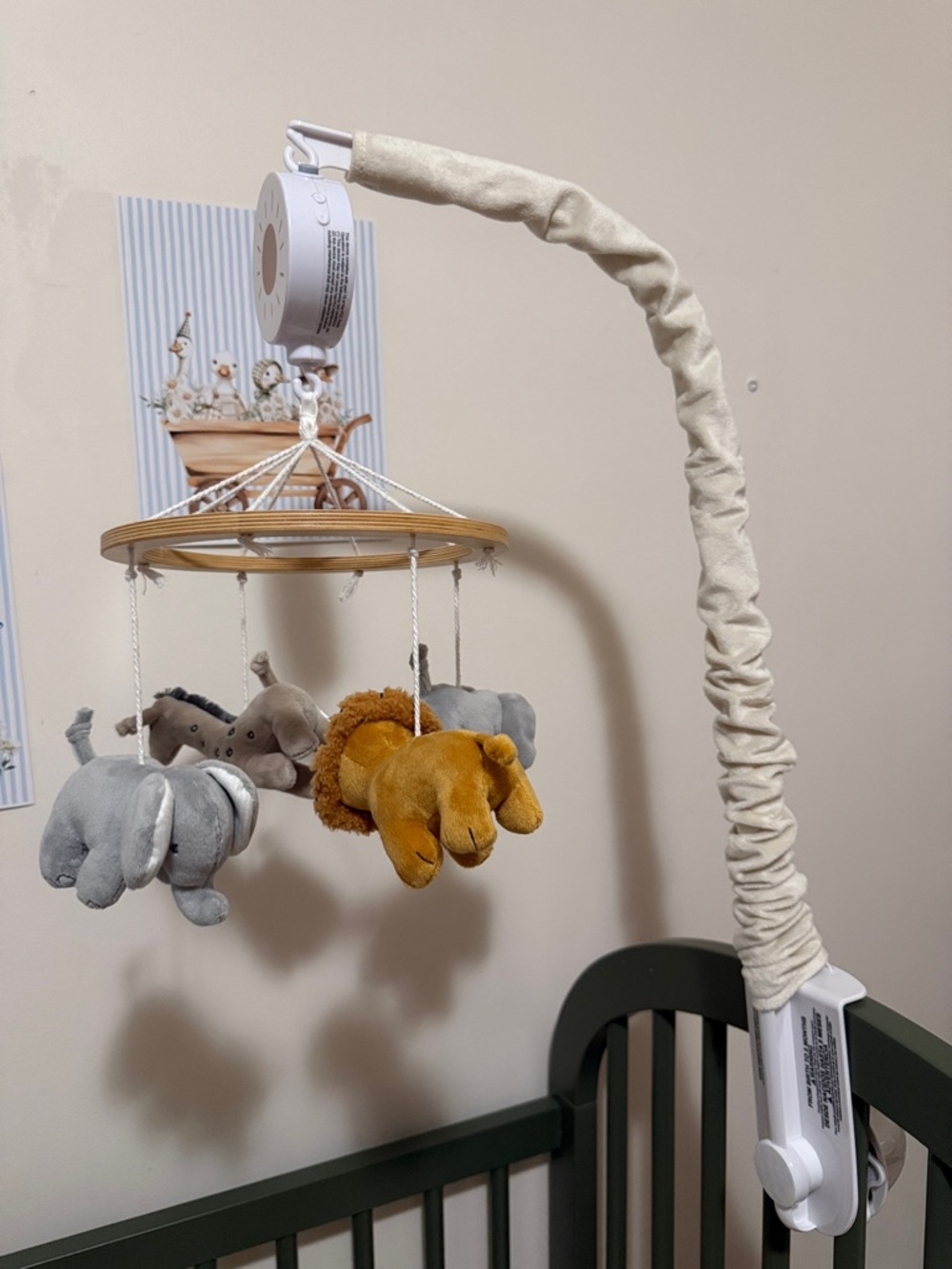 Plush Safari Crib Mobile with Elephant, Lion & Hippo - Gray, Mustard, Taupe
